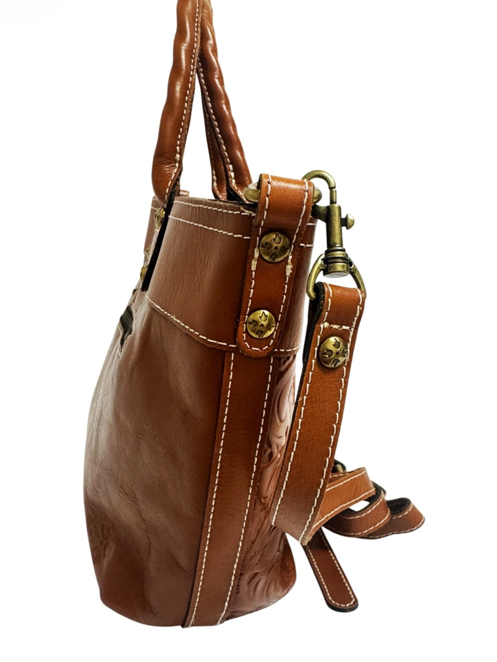 Patricia Nash Analia crossbody tote bag, brown leather, intricate floral tooling - Picture 4 of 6